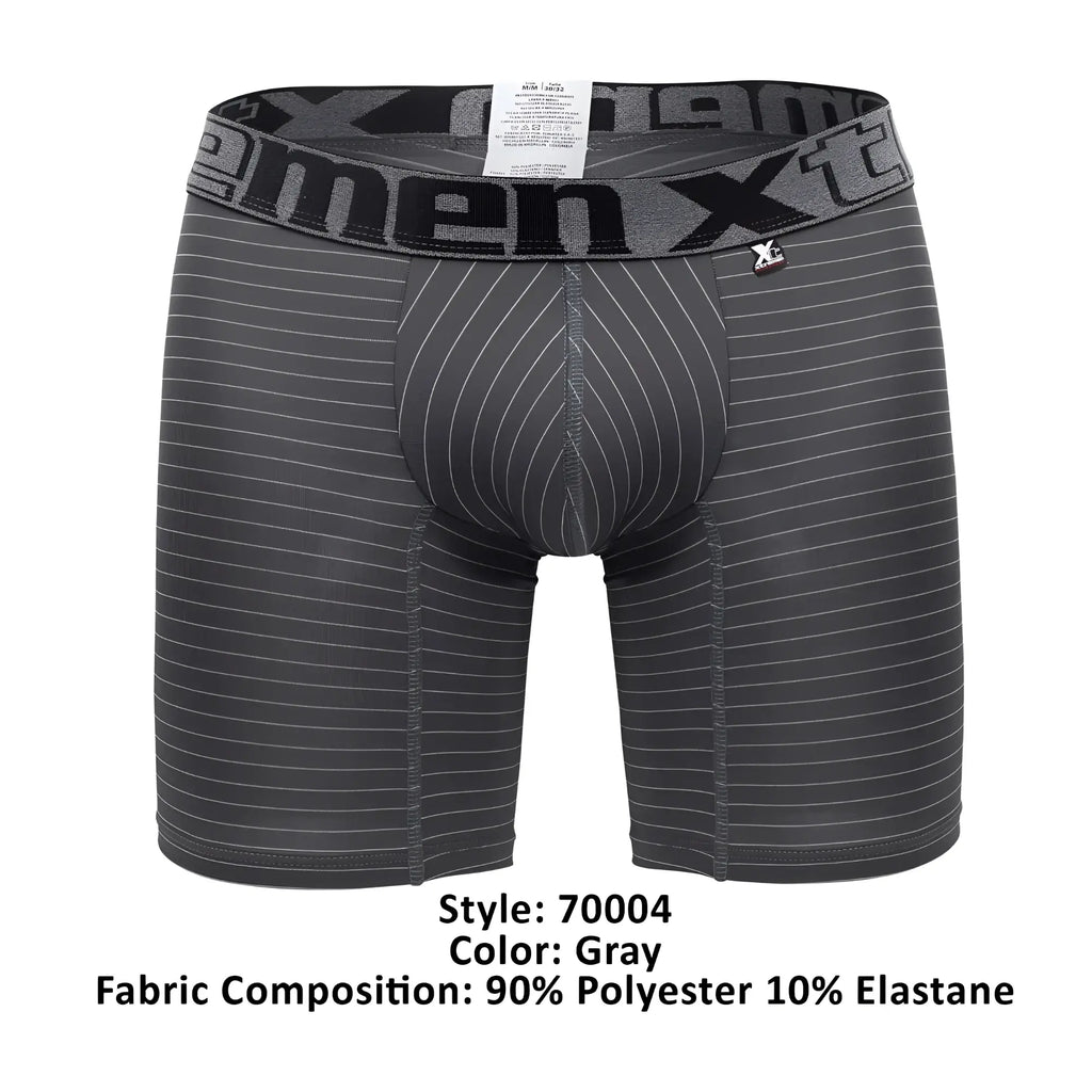 Gray men’s boxer briefs xtremen 70004 plus with subtle white vertical pinstripes and branded elastic waistband
