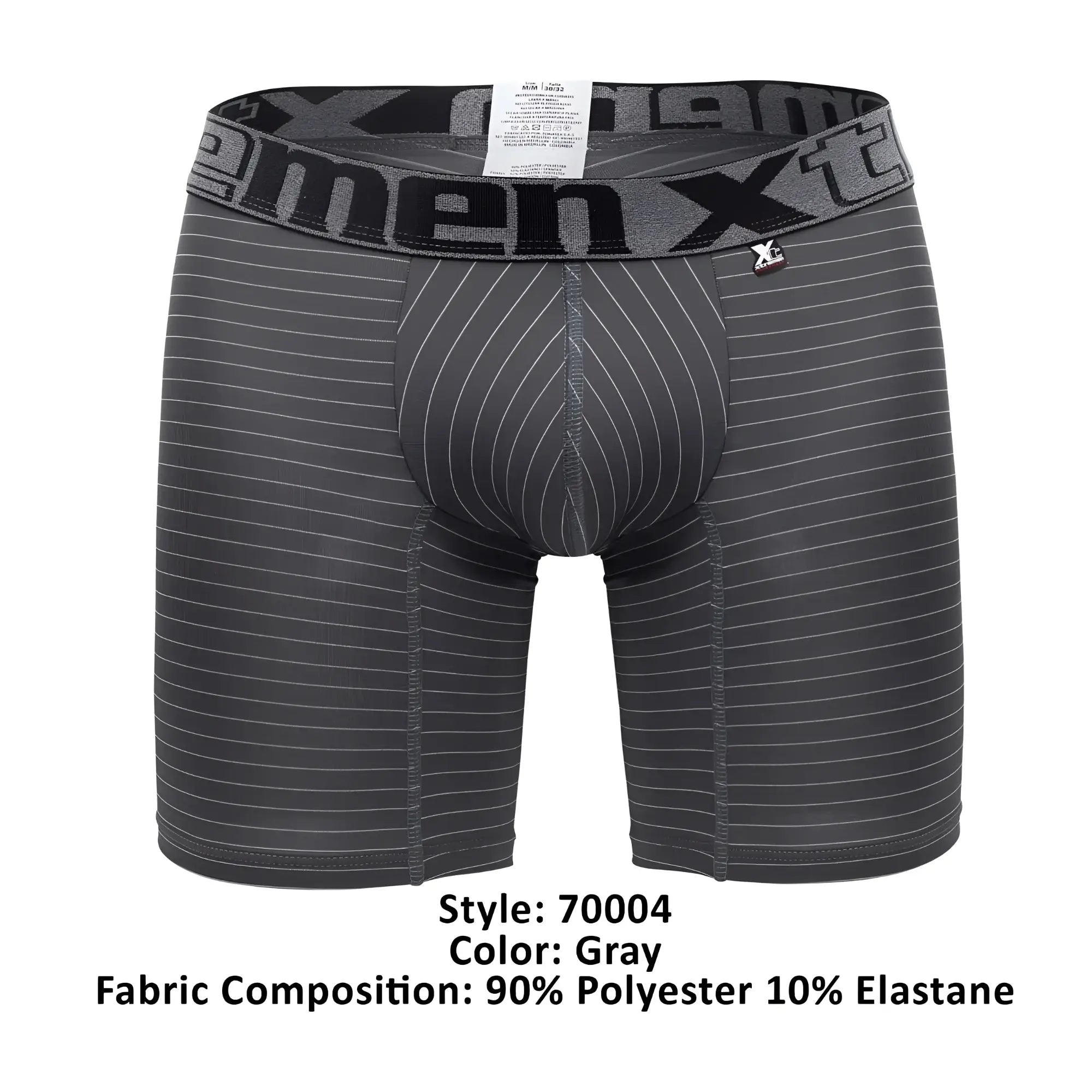 Gray men’s boxer briefs xtremen 70004 plus with subtle white vertical pinstripes and branded elastic waistband
