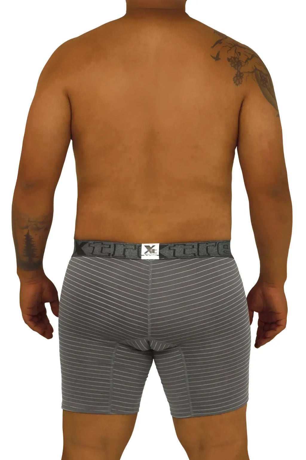 Gray striped boxer briefs with black elastic waistband and xtreme brand logo from xtremen 70004 plus collection