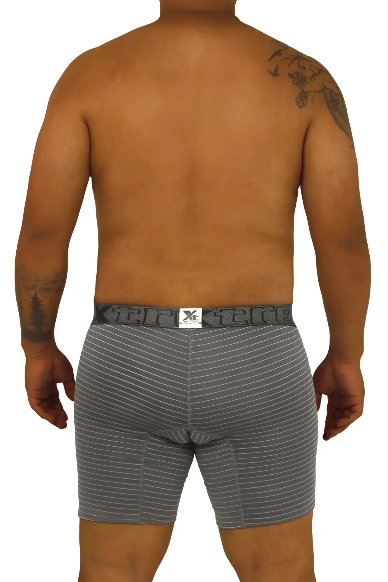 Gray striped boxer briefs with black elastic waistband and xtreme brand logo from xtremen 70004 plus collection
