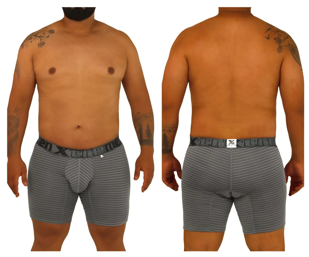 Gray striped men’s boxer briefs with black elastic waistband featuring xtreme brand logo xtremen 70004 plus model