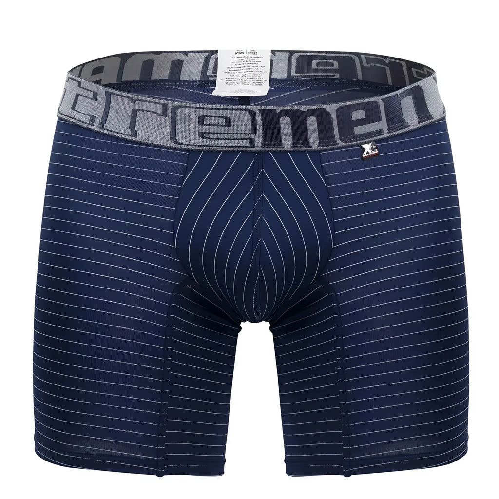 Navy blue Xtremen 70004 Plus boxer briefs with white pinstripes and gray waistband featuring reemen branding
