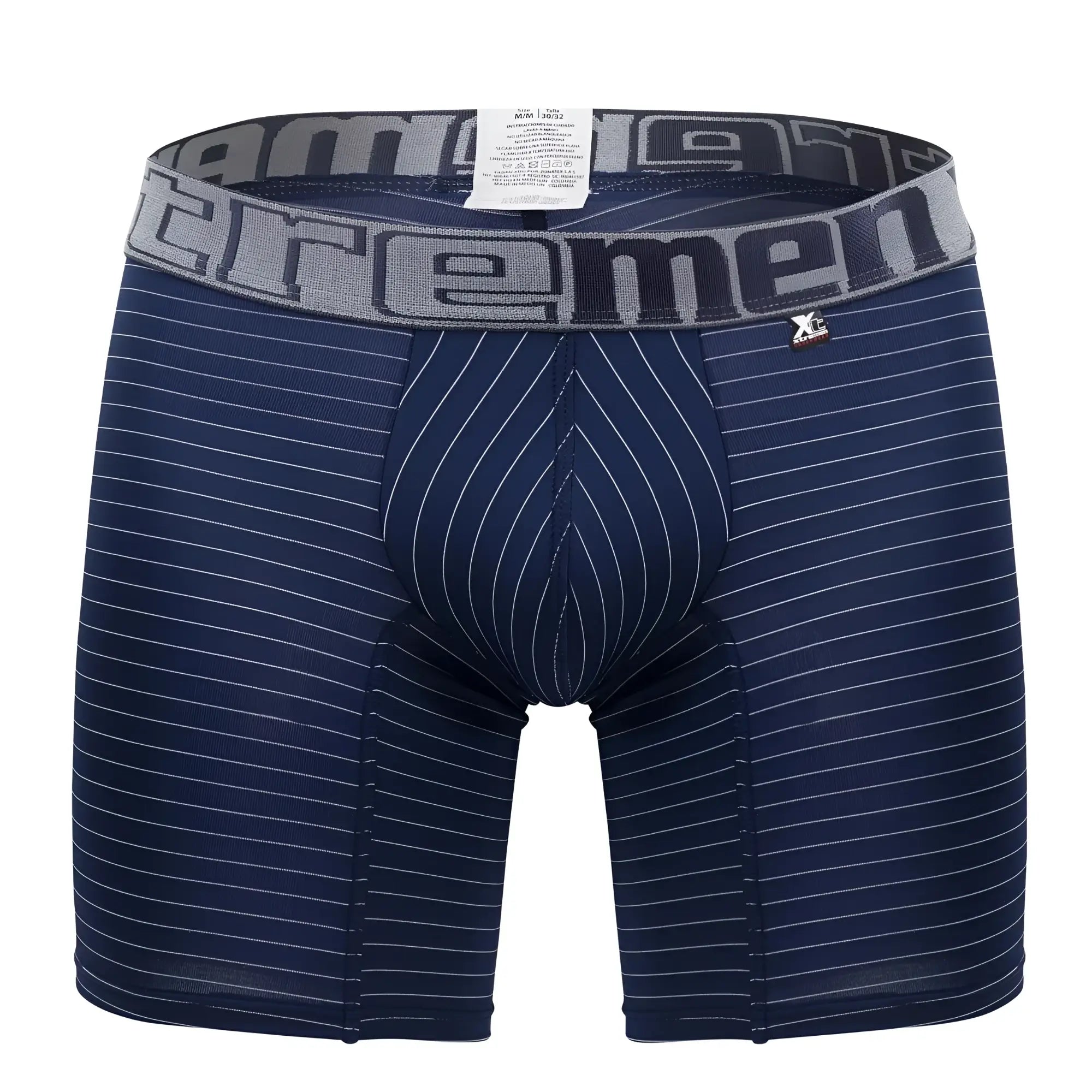 Navy blue Xtremen 70004 Plus boxer briefs with white pinstripes and gray waistband featuring reemen branding