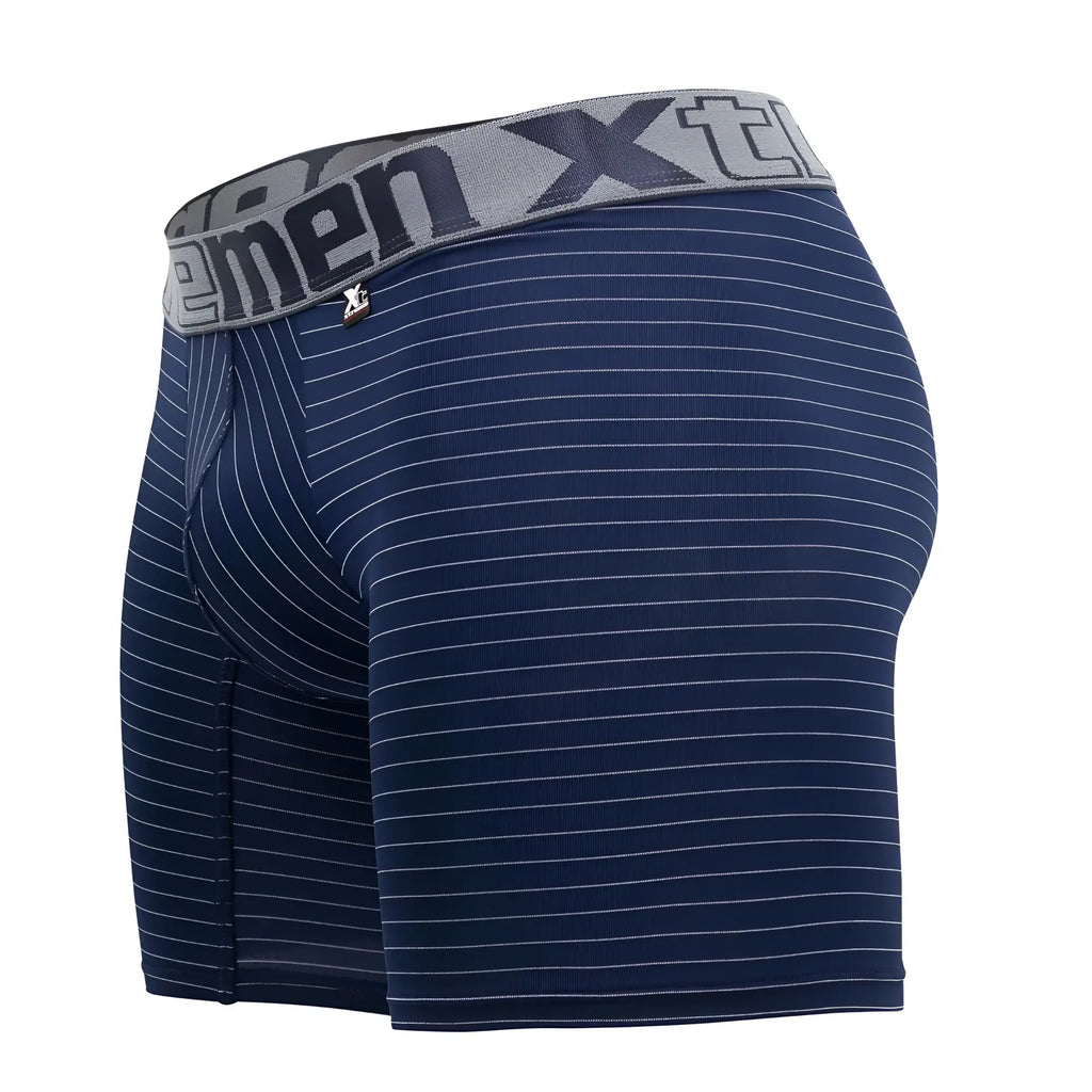 Navy blue xtremen 70004 plus men’s boxer briefs with white pinstripes and gray waistband featuring xtreme logo