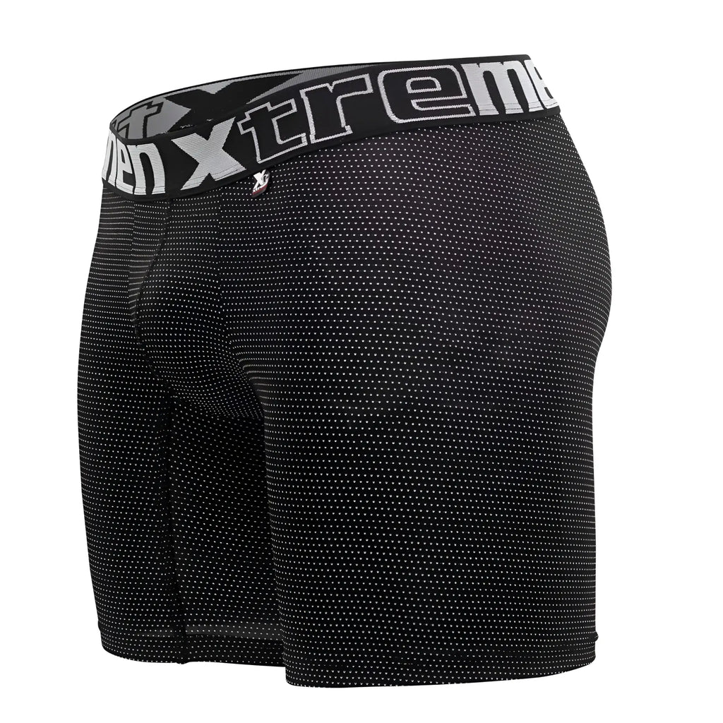 Black men’s Xtremen 70005 Plus boxer briefs with subtle white dot pattern and branded elastic waistband