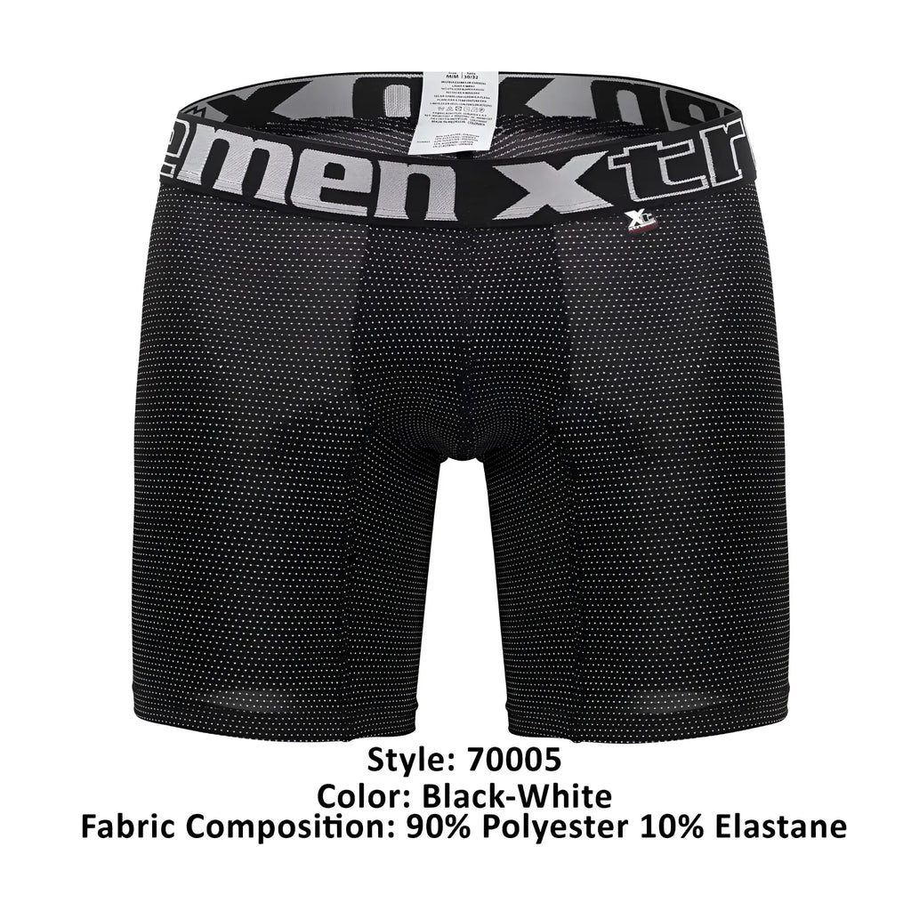 Black men’s boxer briefs xtremen 70005 plus with subtle white dot pattern and gray black elastic xtreme logo waistband