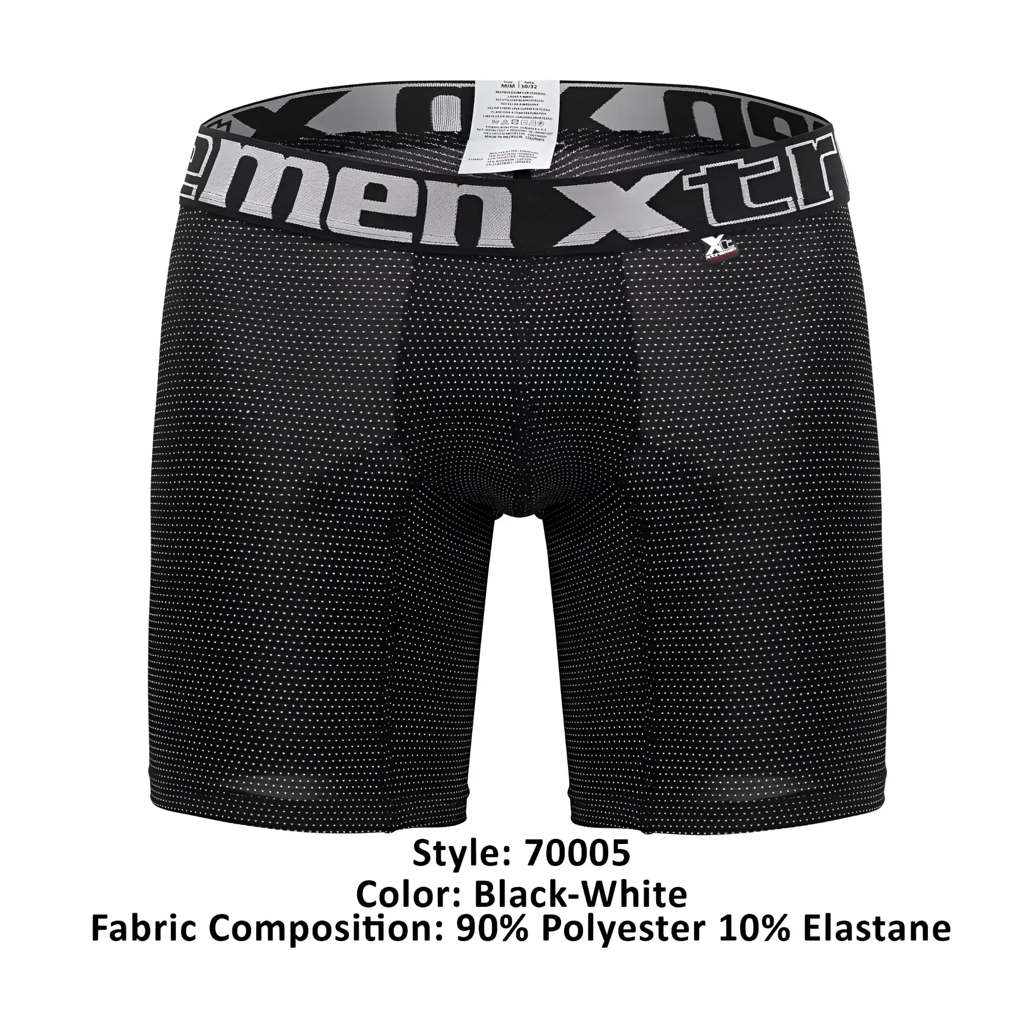 Black men’s boxer briefs xtremen 70005 plus with subtle white dot pattern and gray black elastic xtreme logo waistband