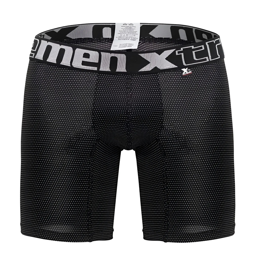 Black men’s boxer briefs xtremen 70005 plus with subtle white dot pattern and gray waistband with xtreme logo