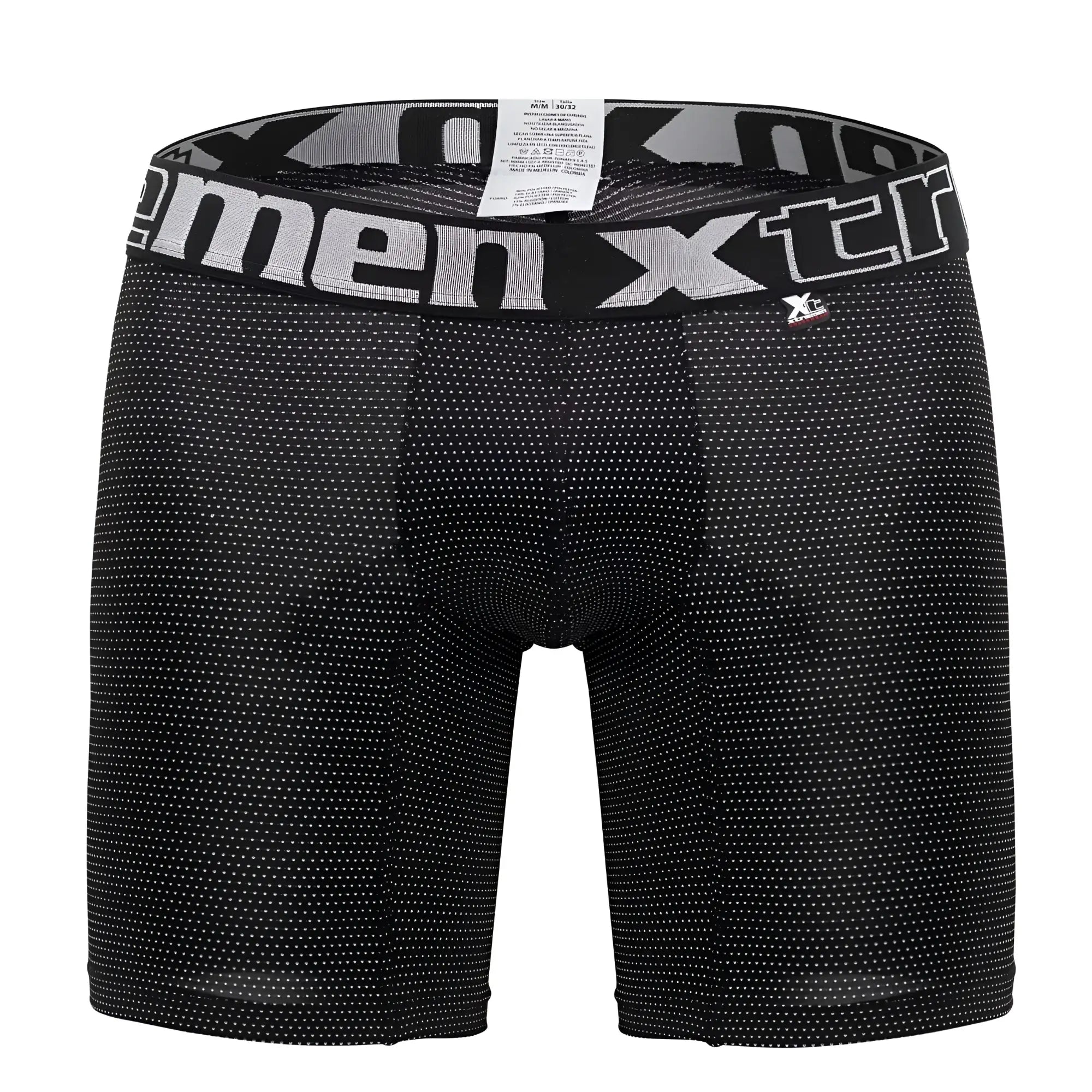 Black men’s boxer briefs xtremen 70005 plus with subtle white dot pattern and gray waistband with xtreme logo
