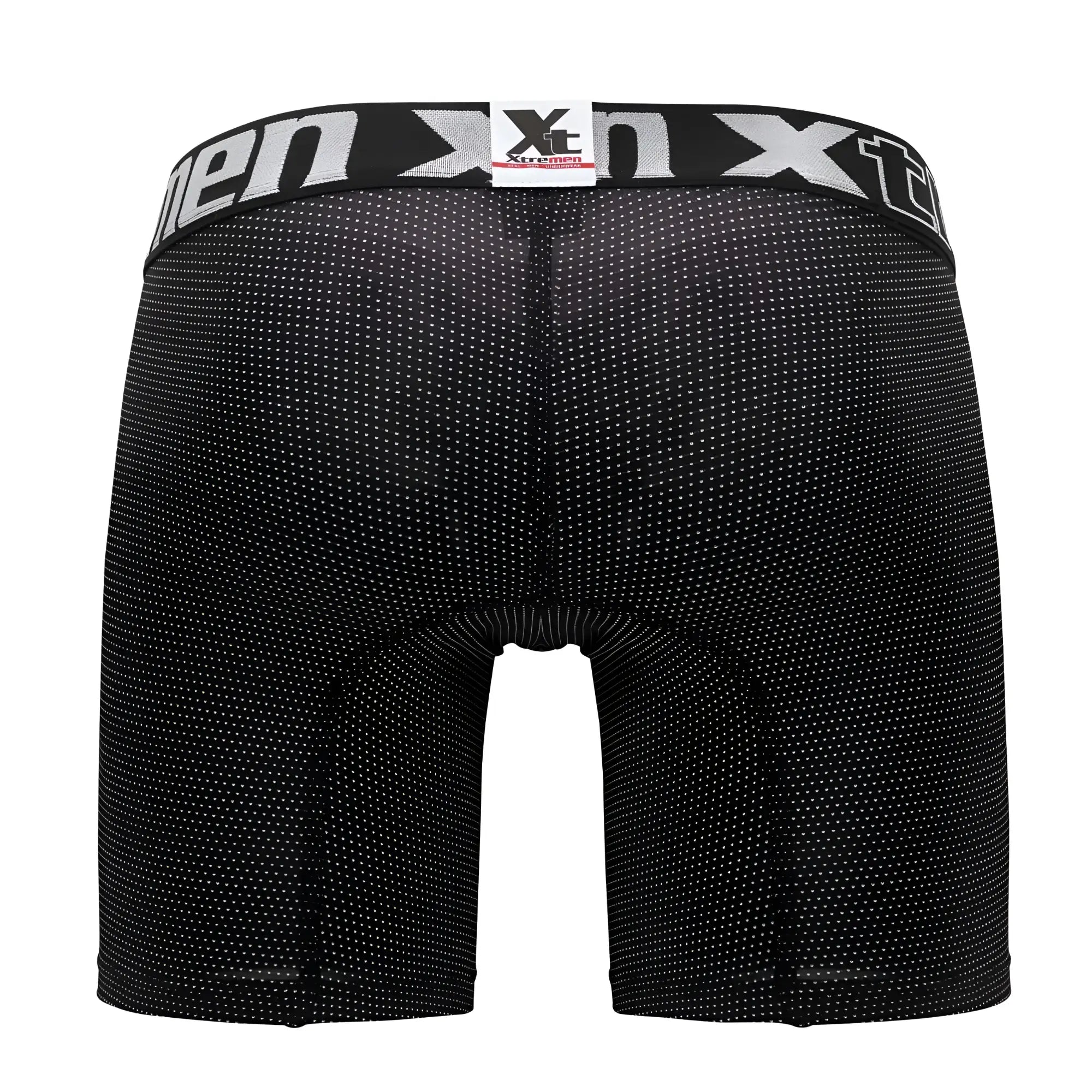 Black men’s boxer briefs xtremen 70005 plus with textured dotted fabric and white logo band featuring xtreme branding