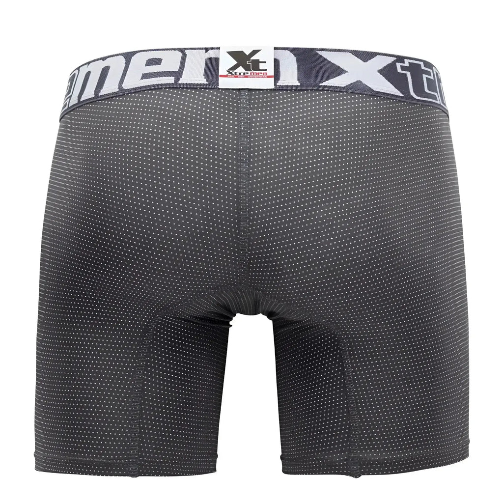 Black xtreme men’s boxer briefs with subtle white dot pattern and gray xt logo waistband xtremen 70005 plus model