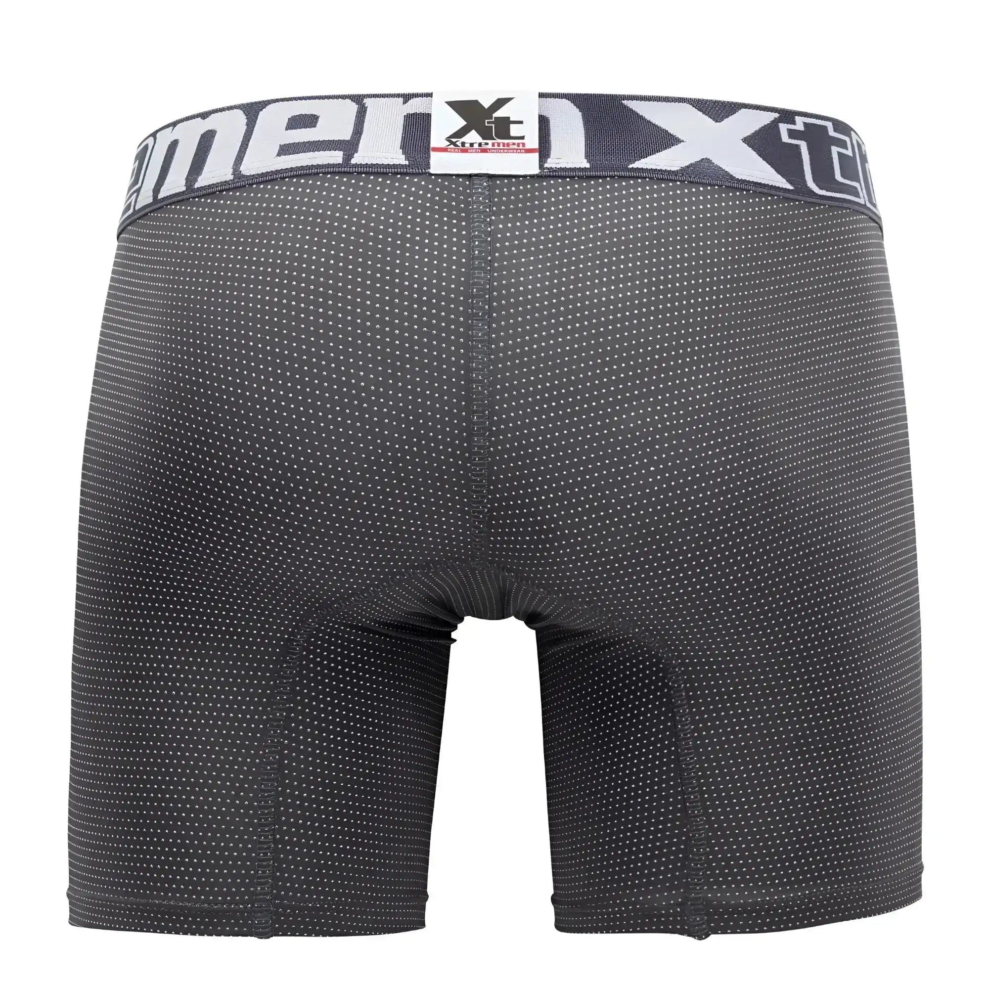 Black xtreme men’s boxer briefs with subtle white dot pattern and gray xt logo waistband xtremen 70005 plus model