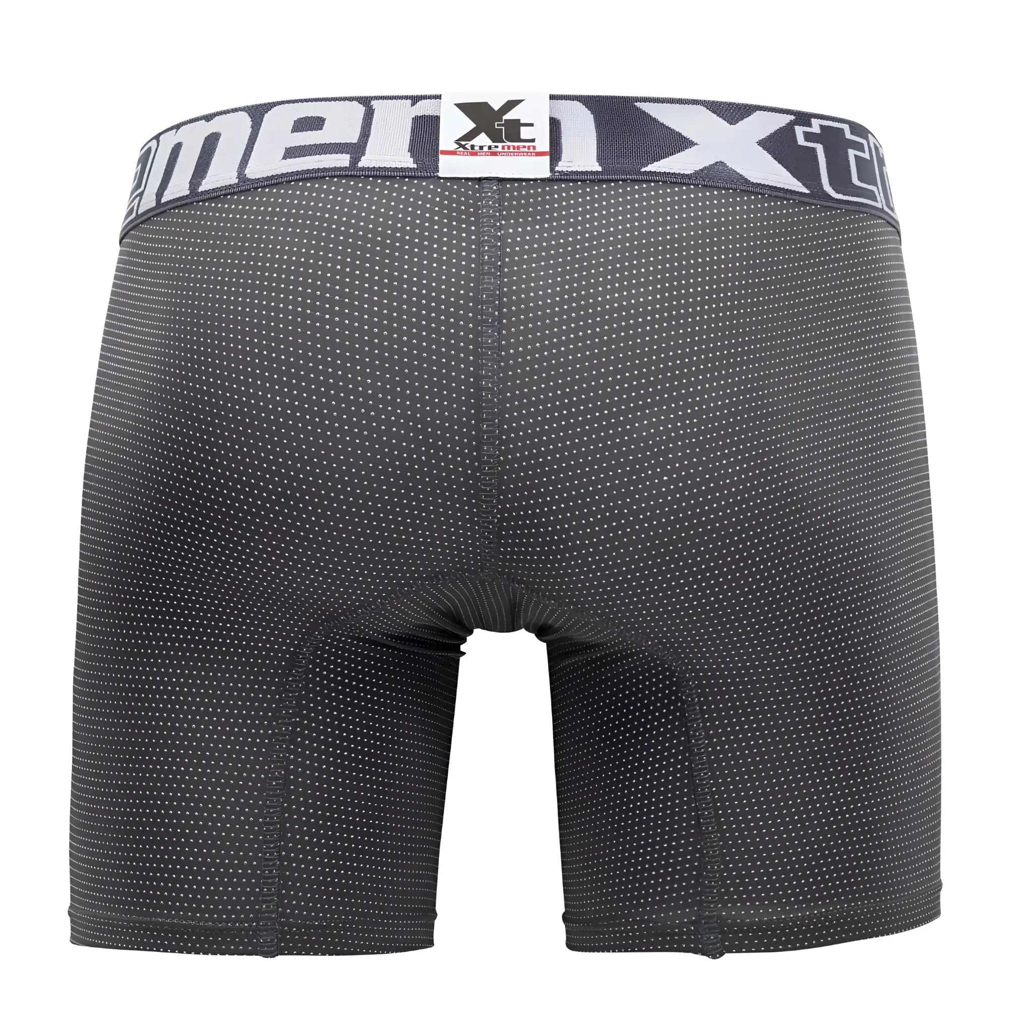 Black xtreme men’s boxer briefs with subtle white dot pattern and gray xt logo waistband xtremen 70005 plus model