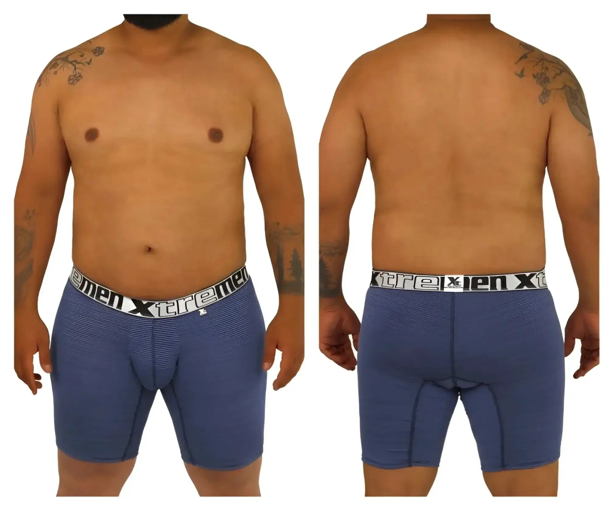 Blue patterned men’s boxer briefs with white elastic waistband featuring xtreme brand xtremen 70005 plus model