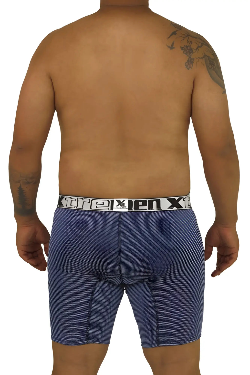 Xtremen 70005 Plus blue patterned boxer briefs with white elastic waistband featuring xtreme brand logo