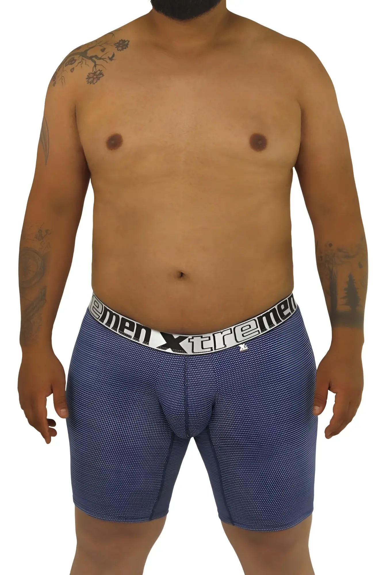 Blue patterned men’s boxer briefs with white elastic waistband featuring xtreme logo xtremen 70005 plus model