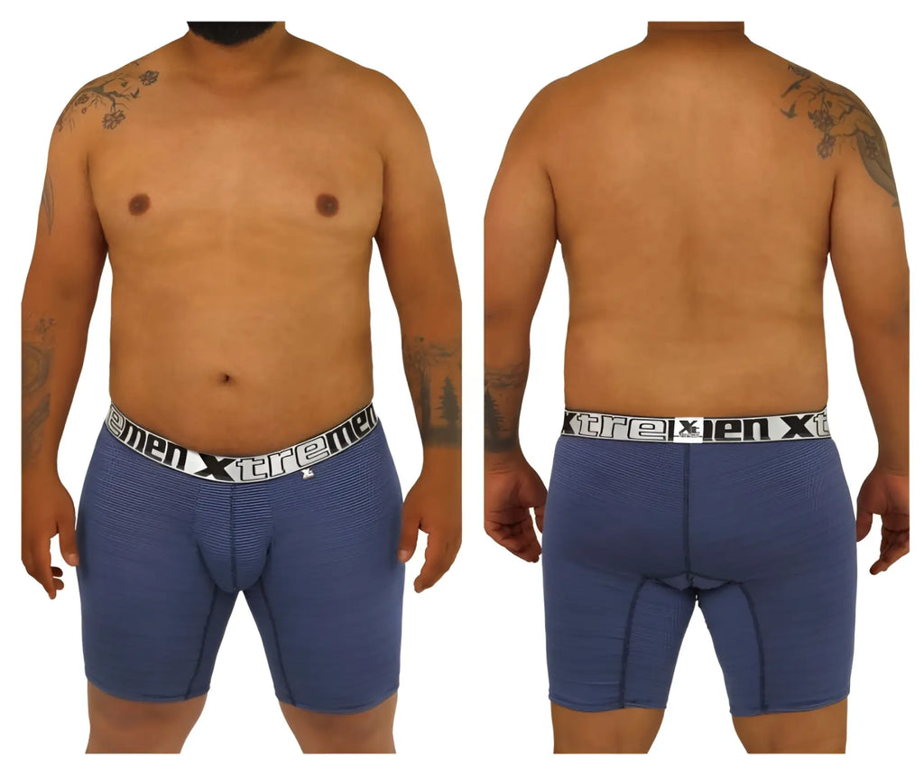 Blue patterned men’s boxer briefs with white elastic waistband featuring xtreme brand xtremen 70005 plus model
