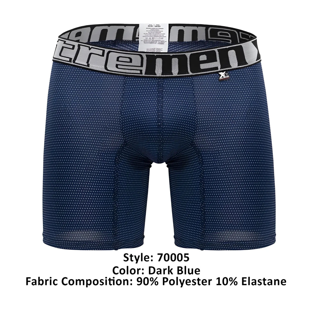 Dark blue xtremen 70005 plus boxer briefs with subtle dots and gray waistband branded extreme in black lettering