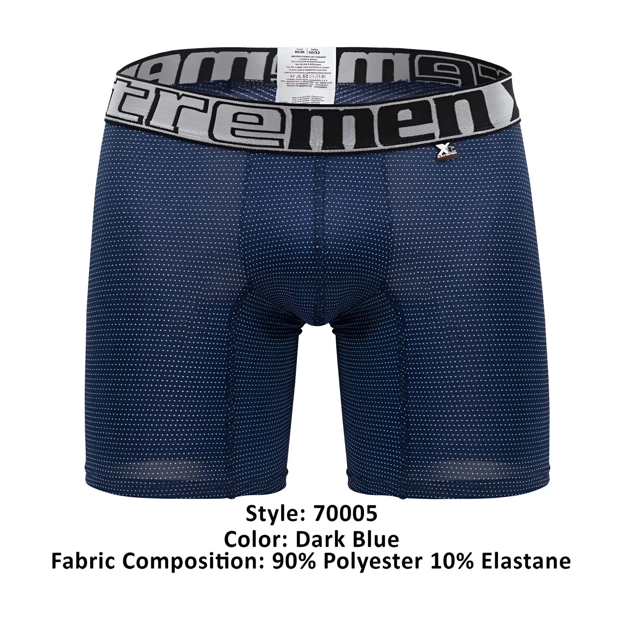 Dark blue xtremen 70005 plus boxer briefs with subtle dots and gray waistband branded extreme in black lettering