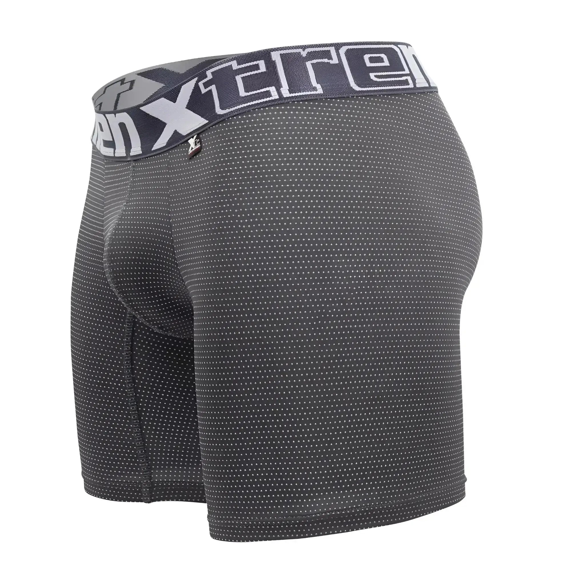 Dark gray xtreme brand boxer briefs with subtle white dot pattern and matching elastic waistband logo xtremen 70005 plus