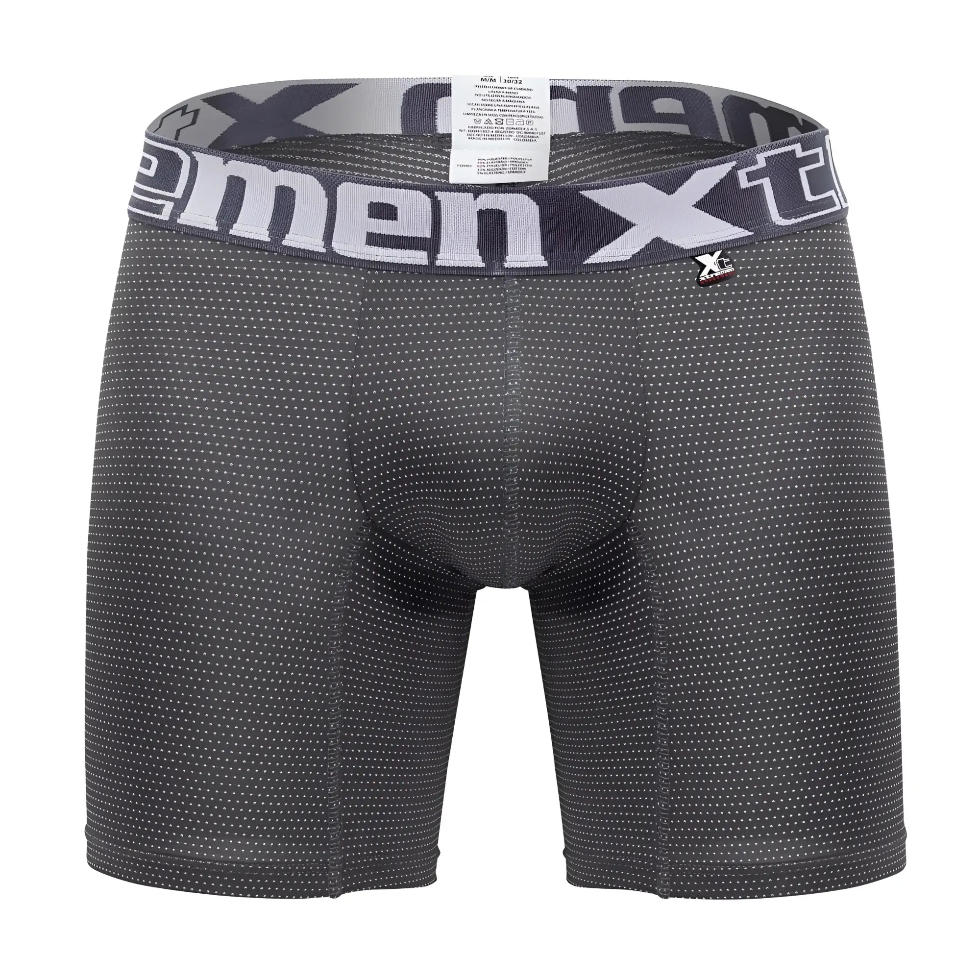 Dark gray xtremen 70005 plus men’s boxer briefs with subtle white dot pattern and matching xtreme logo waistband