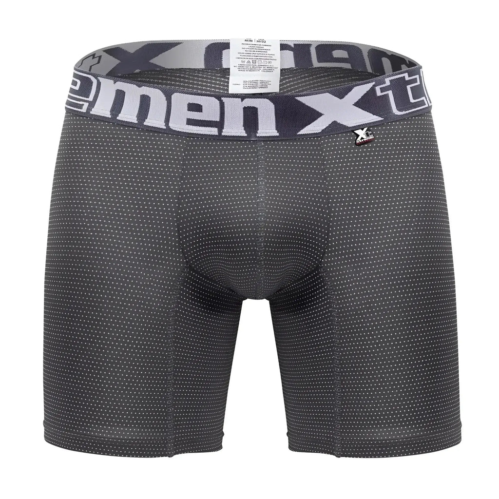 Dark gray xtremen 70005 plus men’s boxer briefs with subtle white dot pattern and matching xtreme logo waistband