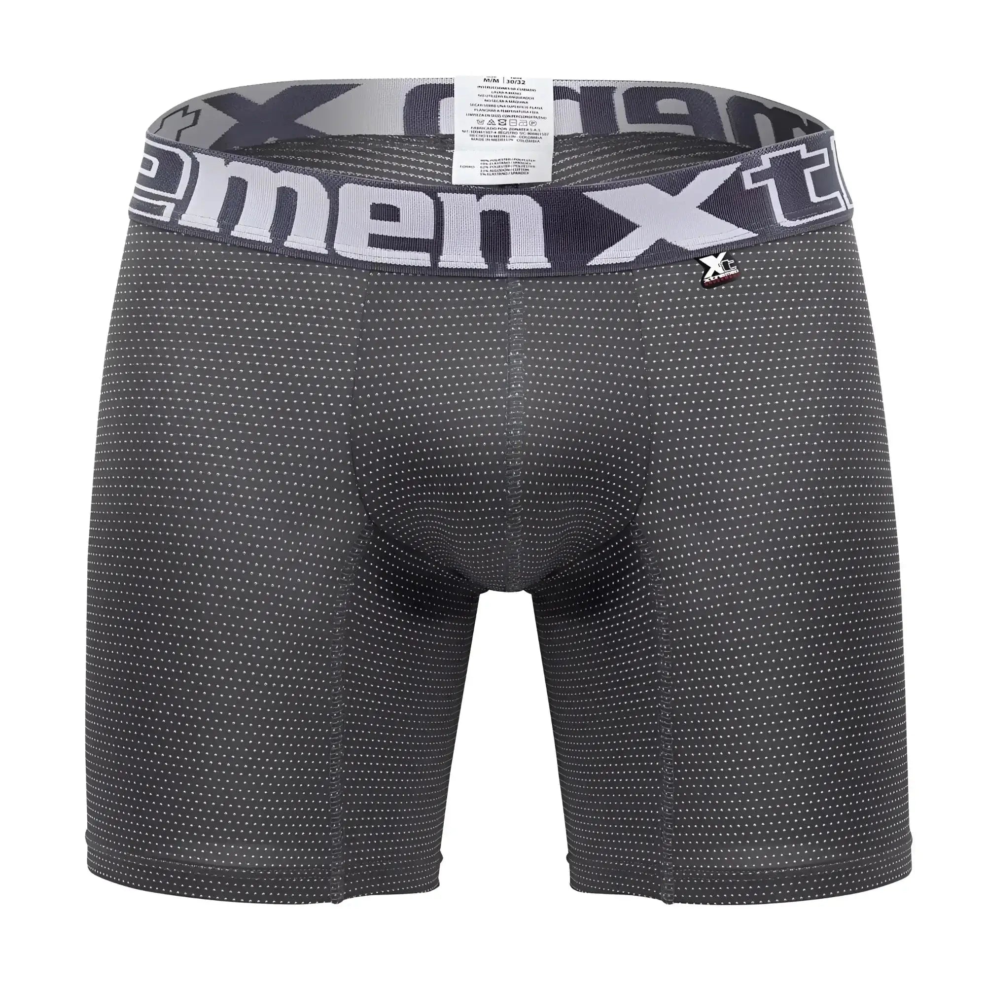 Dark gray xtremen 70005 plus men’s boxer briefs with subtle white dot pattern and matching xtreme logo waistband