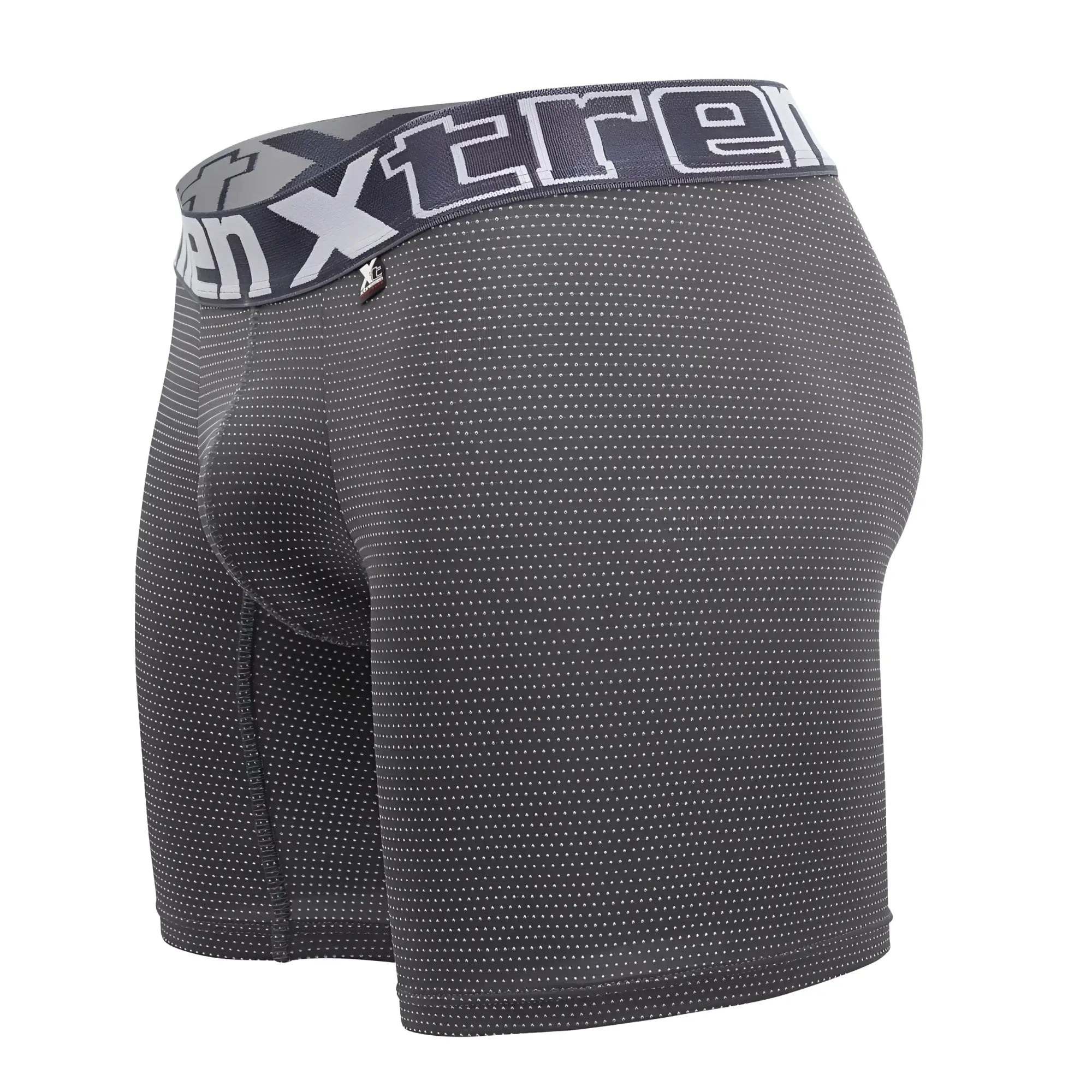 Dark gray xtreme brand boxer briefs with subtle white dot pattern and matching elastic waistband logo xtremen 70005 plus