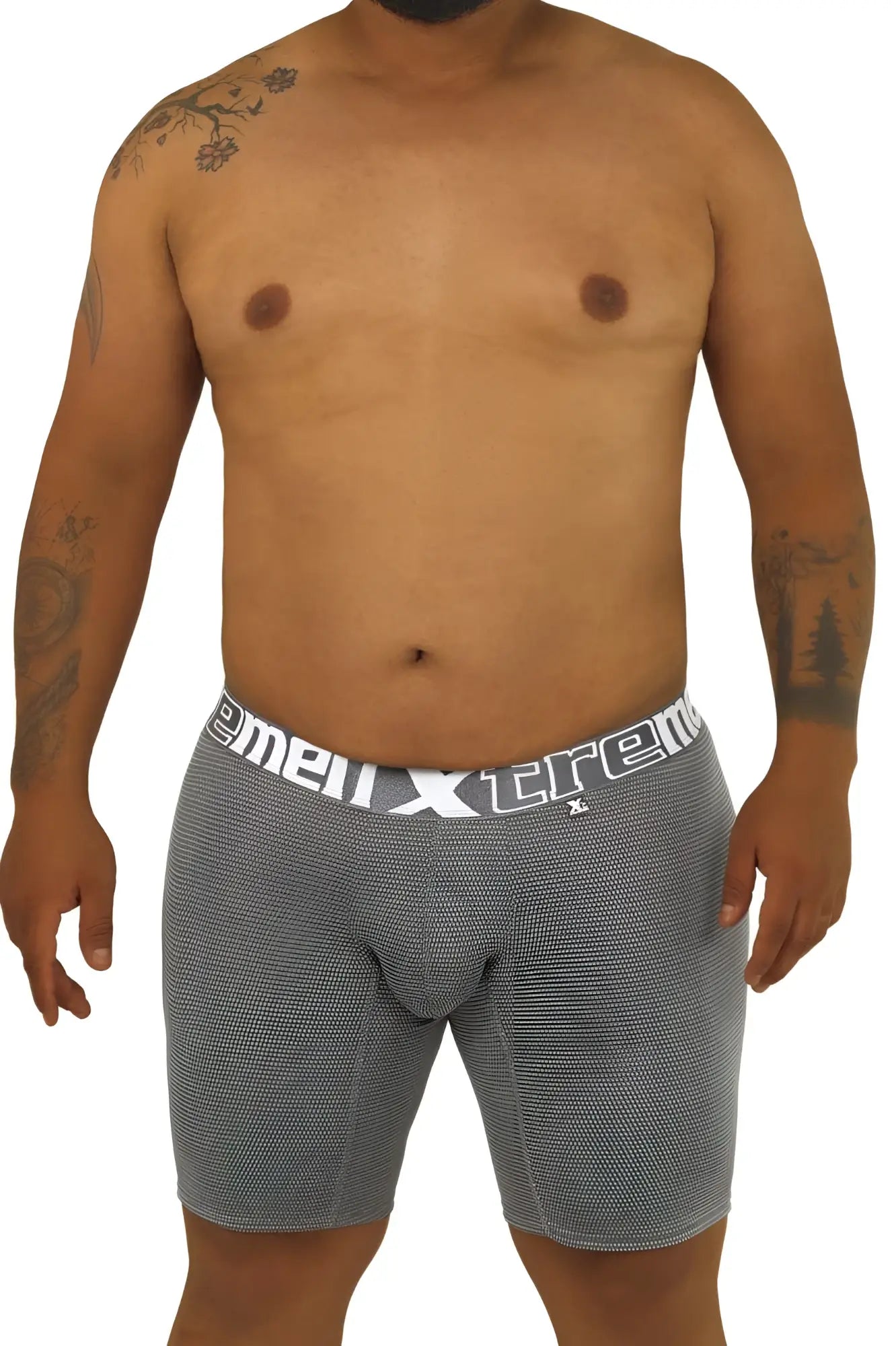 Gray textured men’s boxer briefs with white elastic waistband featuring the xtreme logo xtremen 70005 plus model