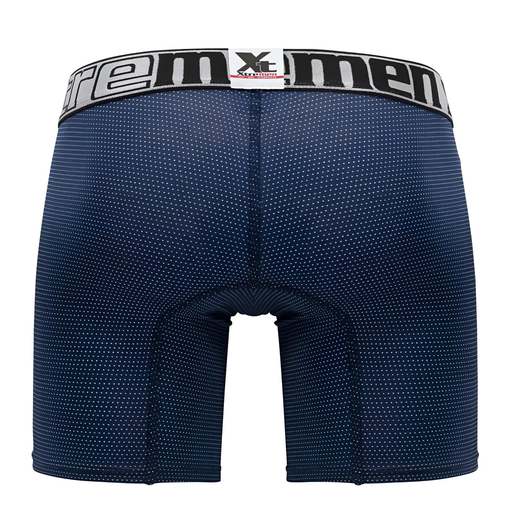 Navy blue xtremen 70005 plus boxer briefs with white dot pattern and gray waistband featuring xtreme men logo