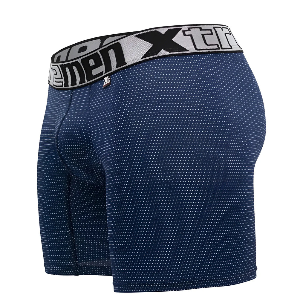 Navy blue xtremen 70005 plus boxer briefs with white dot pattern and gray waistband featuring xtreme logo in black
