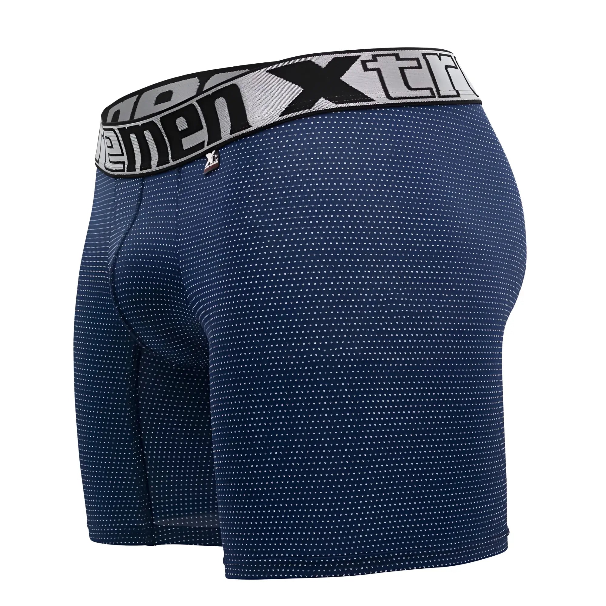 Navy blue xtremen 70005 plus boxer briefs with white dot pattern and gray waistband featuring xtreme logo in black