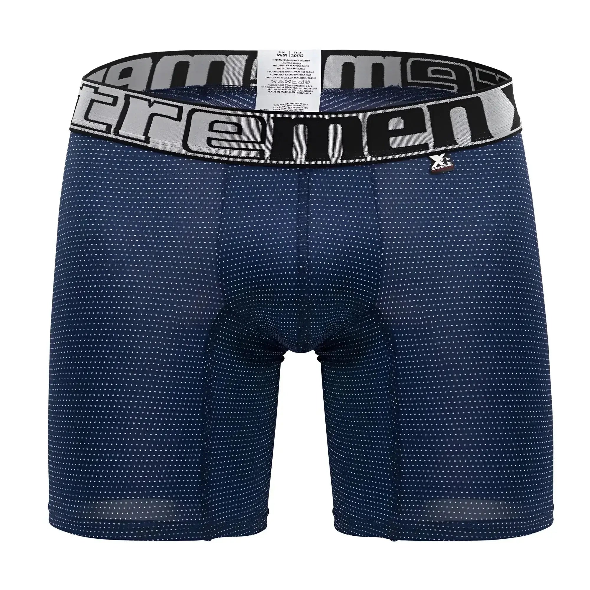 Dark blue xtremen 70005 plus boxer briefs with subtle white dots and black waistband featuring extreme logo in gray