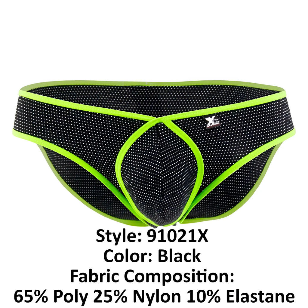 Xtremen 91021x microfiber black athletic briefs with neon green trim and x-shaped front design and subtle dot pattern
