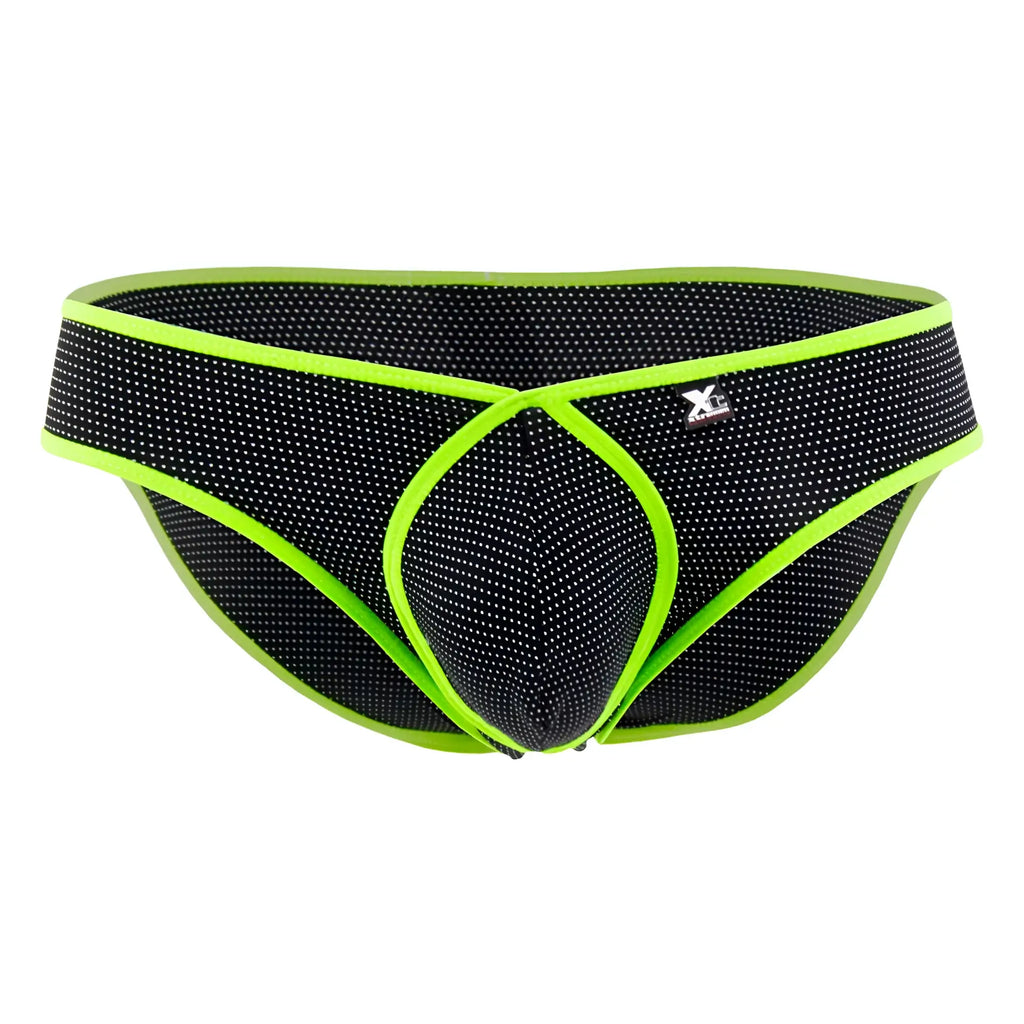 Black mesh Xtremen 91021X microfiber briefs with neon green trim and XL logo on the waistband