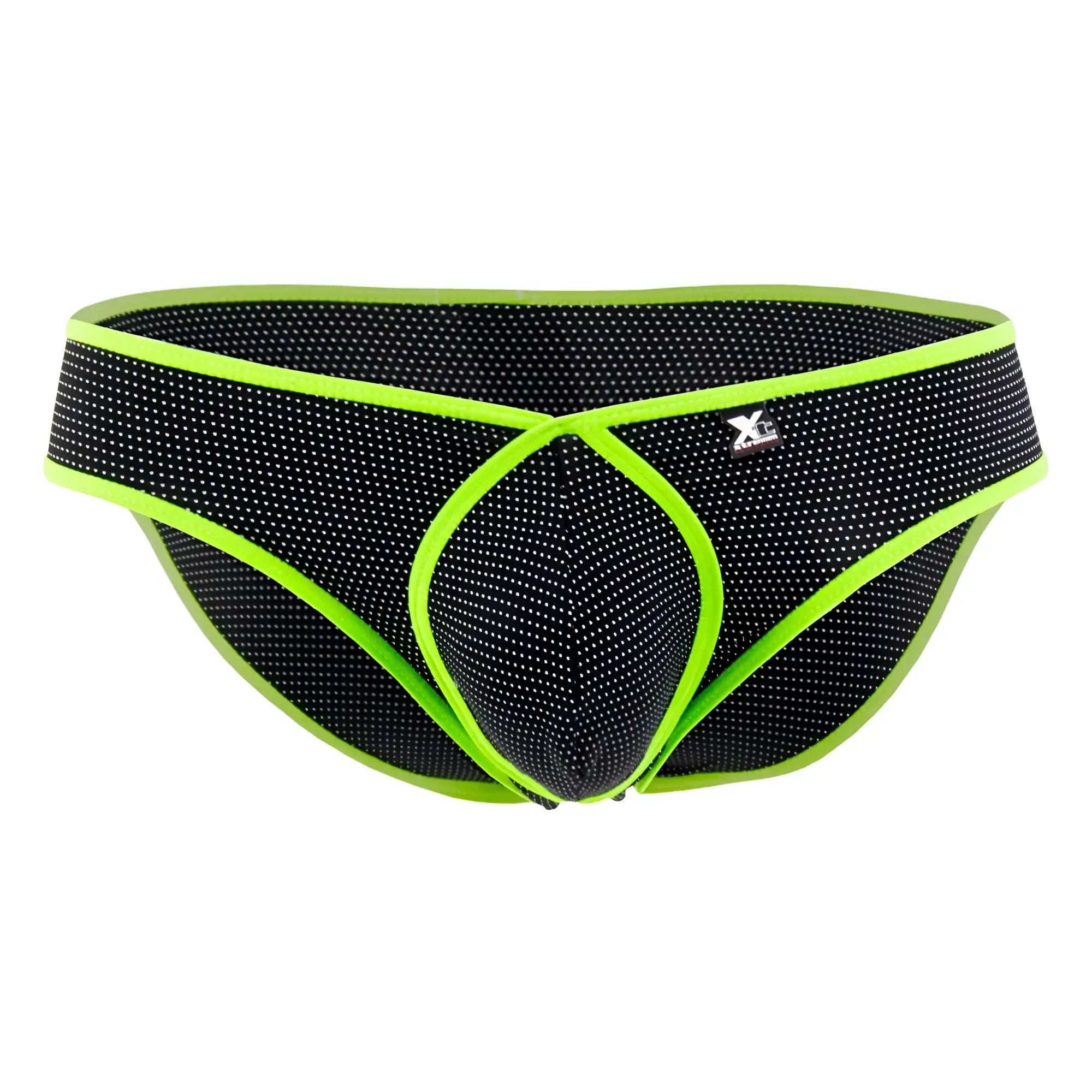 Black mesh Xtremen 91021X microfiber briefs with neon green trim and XL logo on the waistband