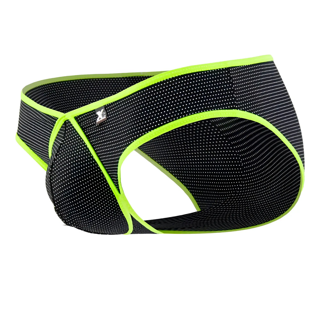 Xtremen 91021X microfiber briefs in black feature black mesh with neon green trim and a subtle white dot pattern