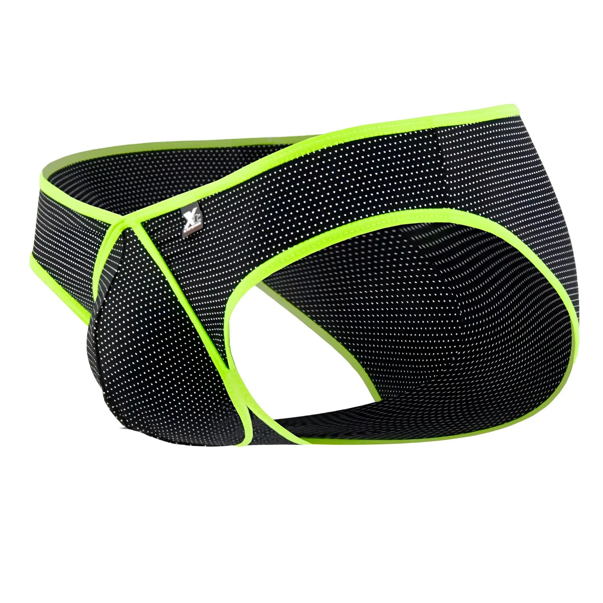 Xtremen 91021X microfiber briefs in black feature black mesh with neon green trim and a subtle white dot pattern