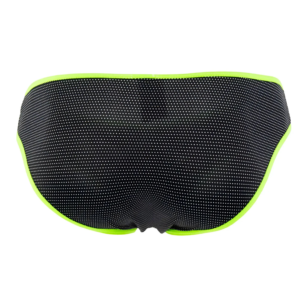 Black xtremen 91021x microfiber briefs with neon green trim featuring breathable mesh swim trunks design
