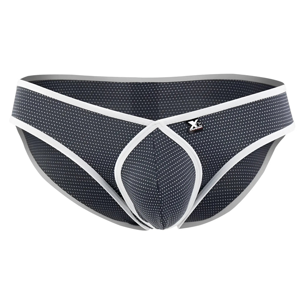 Xtremen 91021x gray microfiber men’s briefs with black and white dotted pattern and white trim on waistband and legs