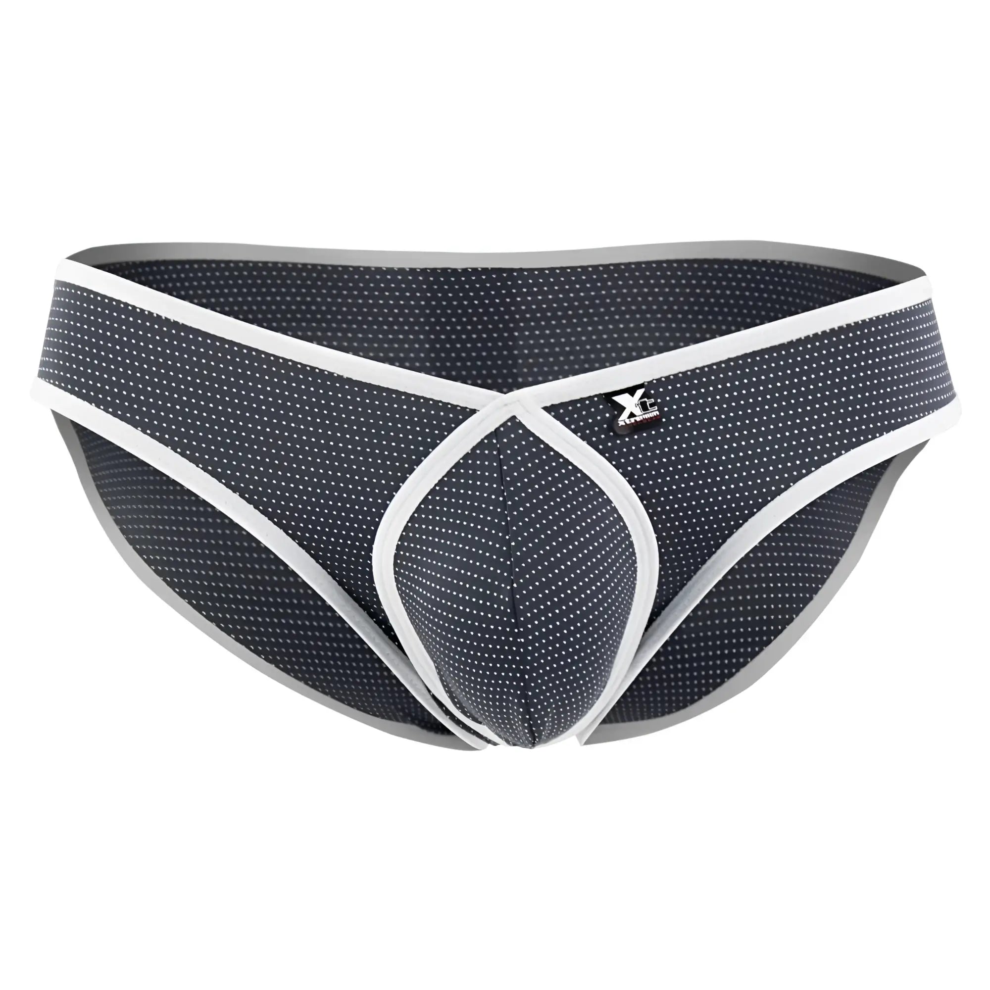 Xtremen 91021x gray microfiber men’s briefs with black and white dotted pattern and white trim on waistband and legs