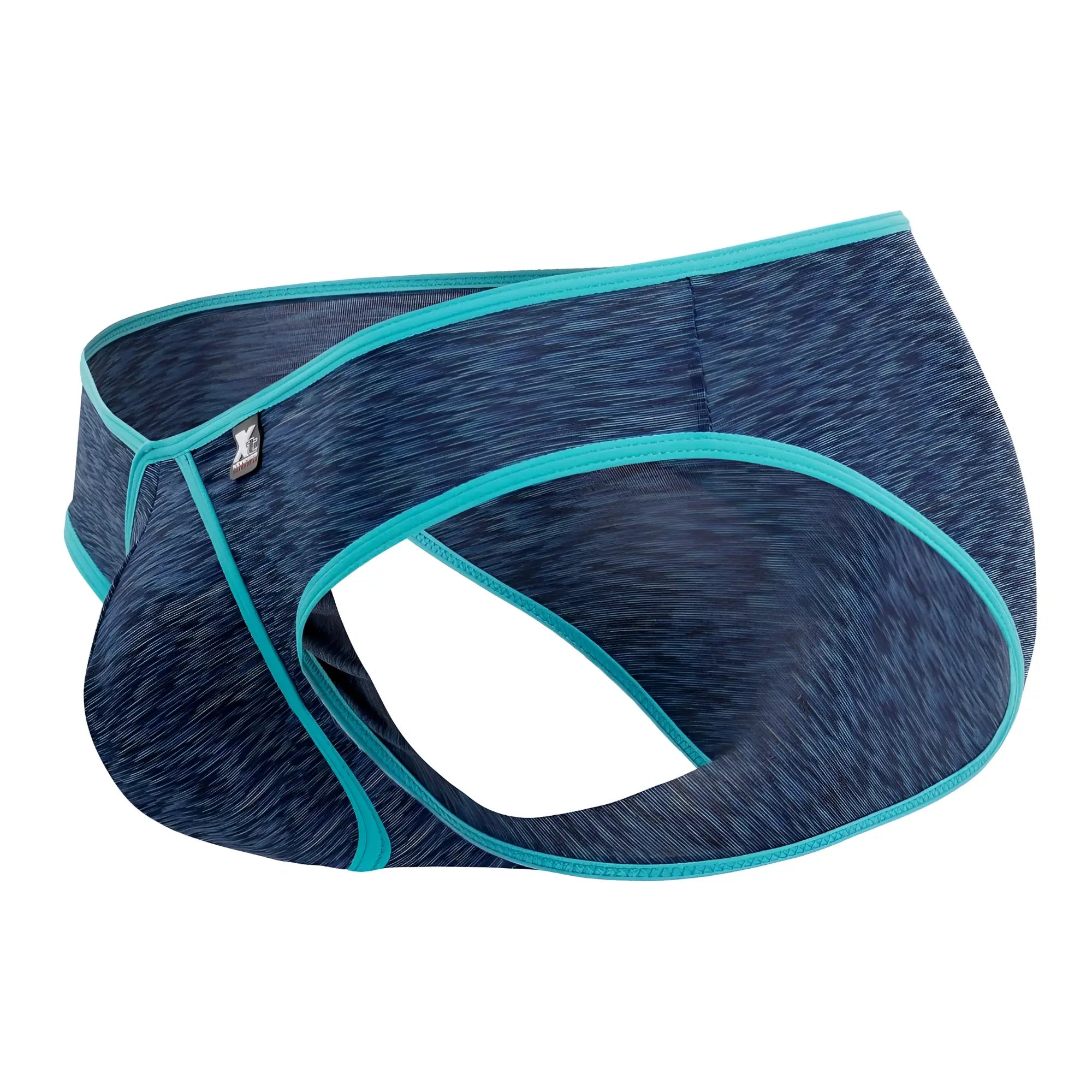 Blue heathered athletic Xtremen 91074 microfiber briefs with teal trim and small logo tag in dark blue