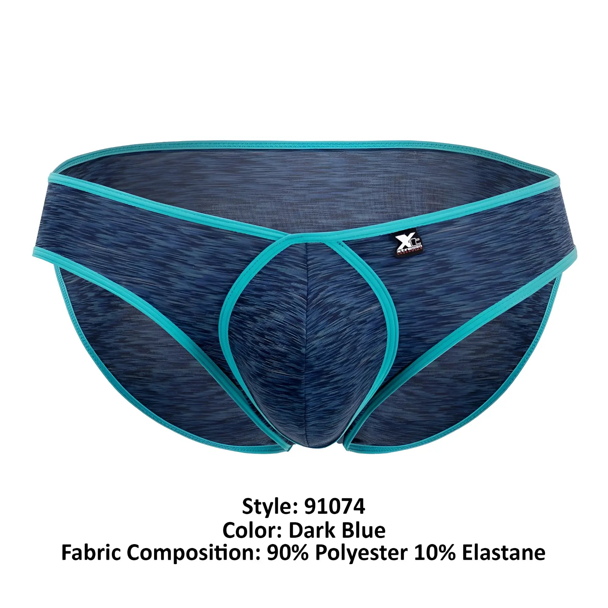 Dark blue xtremen 91074 microfiber briefs for men with teal trim and subtle texture featuring x-centric logo waistband