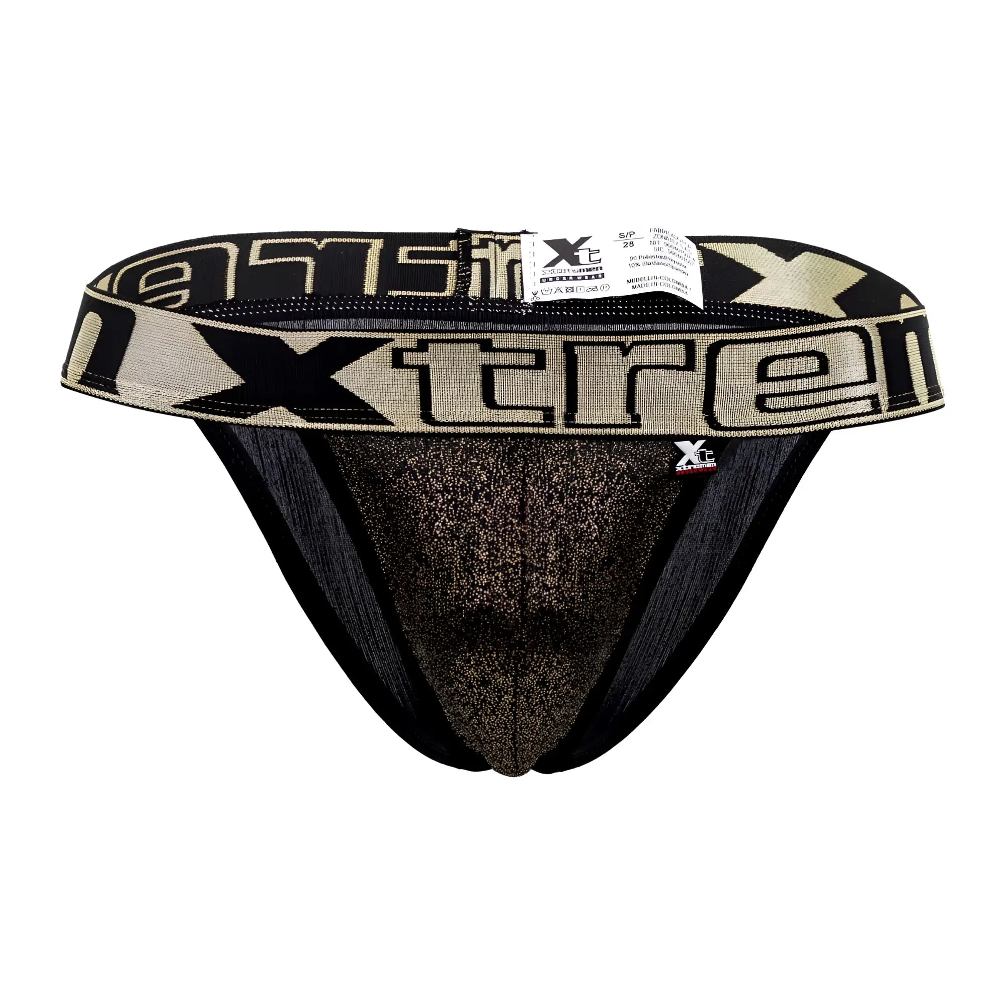 Black and gold glittery microfiber athletic briefs with bold xtreme logo band xtremen 91089x frice bikini