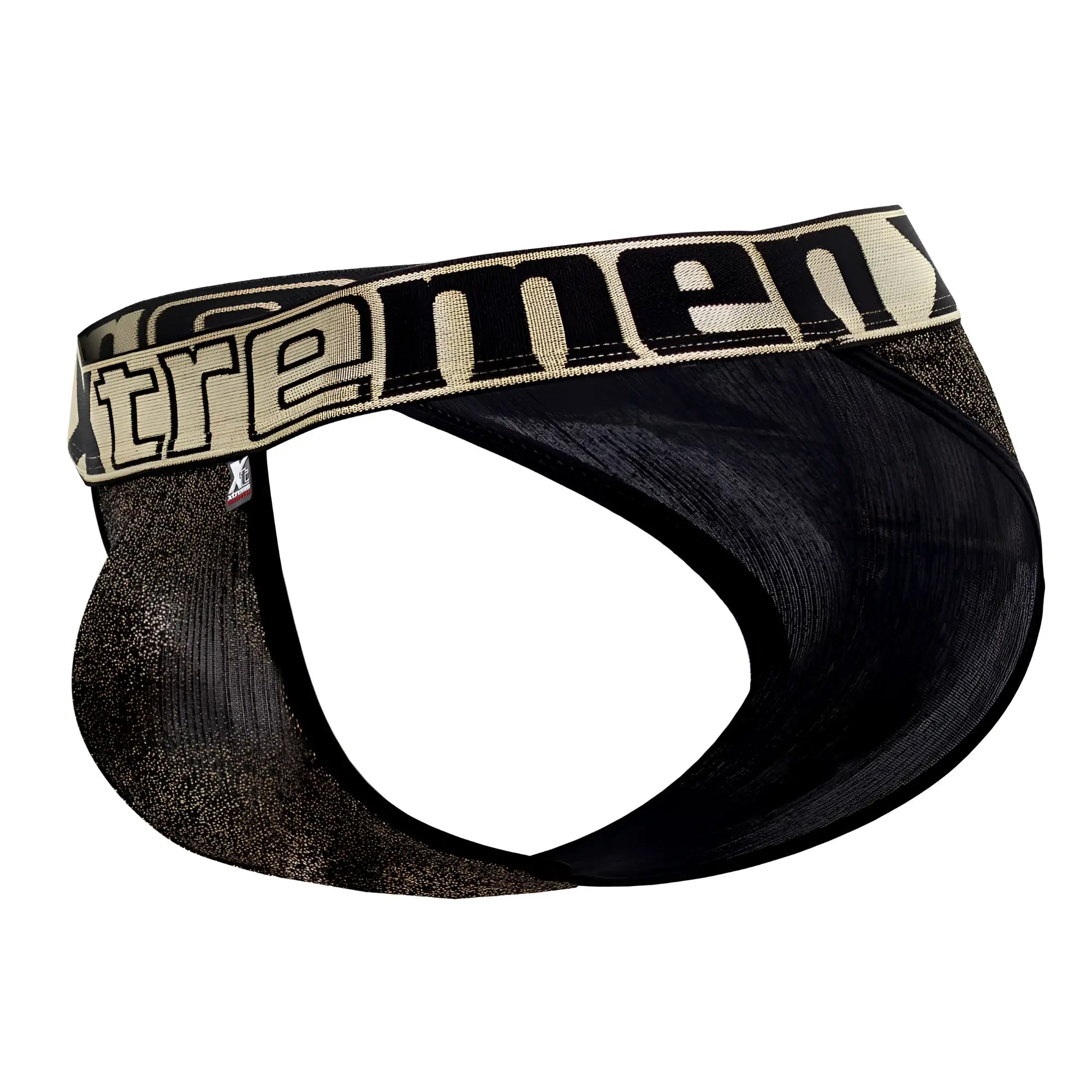 Black and gold glittery microfiber bikini briefs with bold Xtremen logo band in black color for men