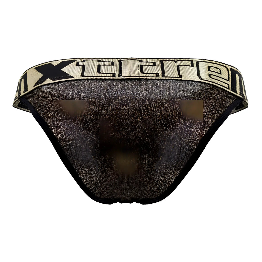 Black and gold metallic mesh microfiber bikini briefs with beige xtreme logo waistband by xtremen 91089x frice