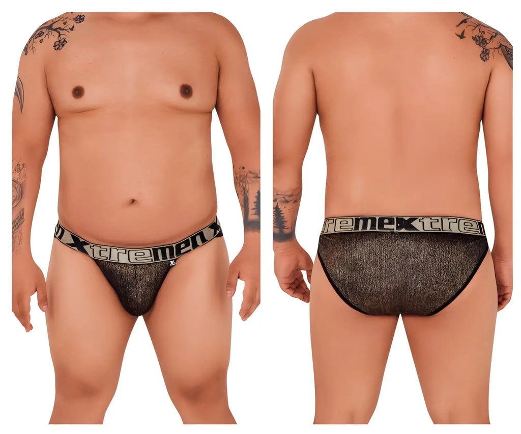Black microfiber bikini briefs with textured fabric and black and white xtreme logo elastic waistband