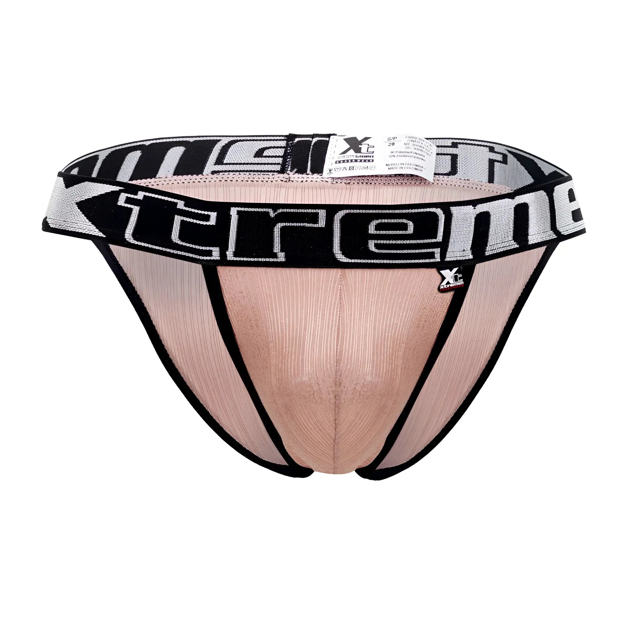 Beige ribbed men’s briefs with black trim and bold extreme logo band in xtremen 91089x microfiber bikini pink color