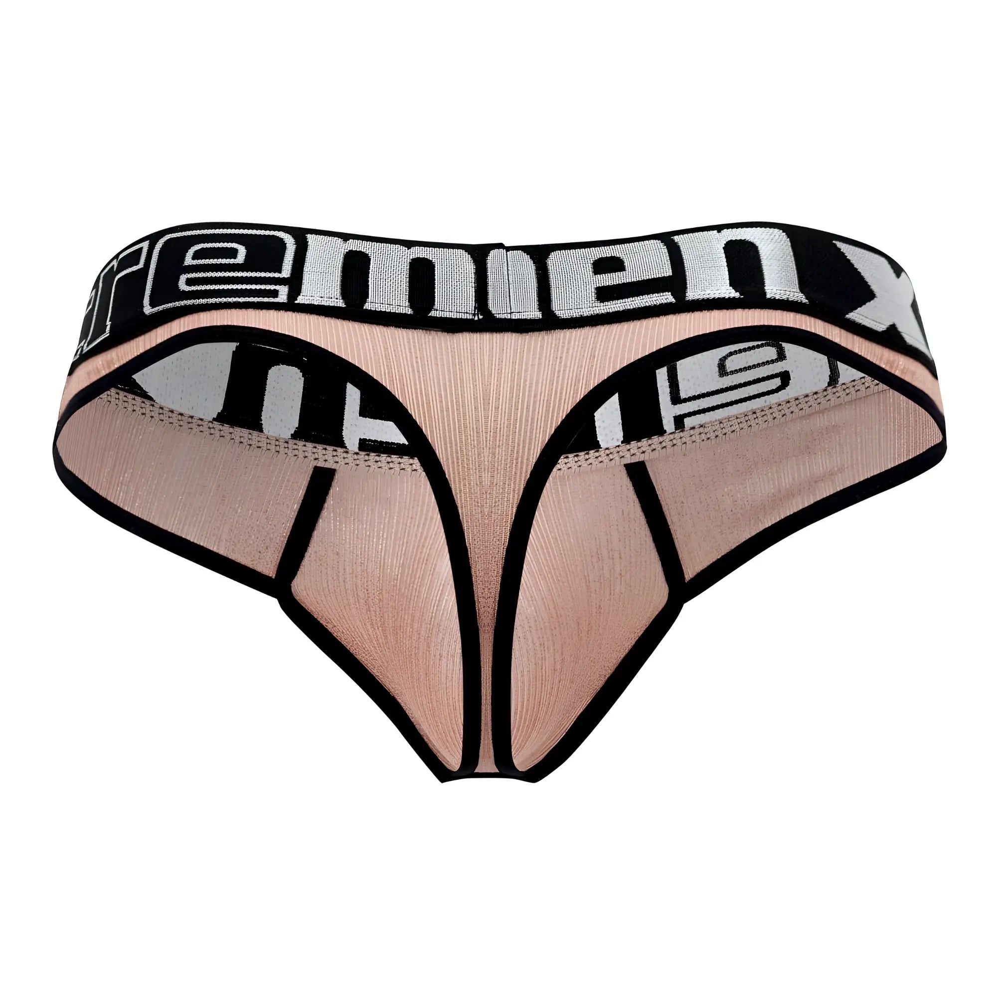 Beige and black mesh microfiber thong with premier x branding on waistband from xtremen 91091x frice pink collection
