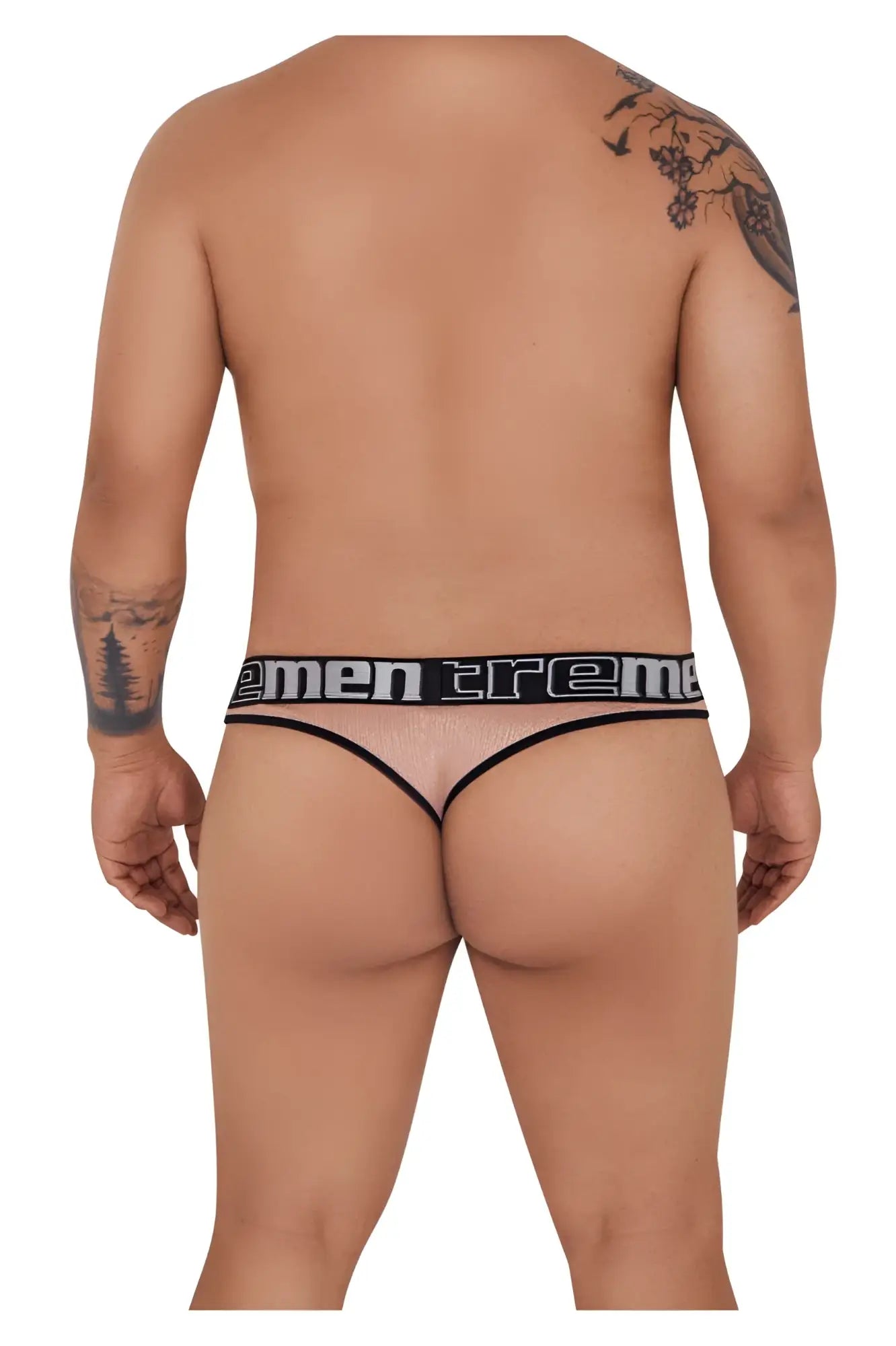 Black and transparent mesh men’s briefs with men treme branding on the waistband for breathable comfort